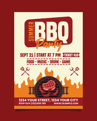 Red and Orange Retro Illustrative Summer BBQ Party Vertical Poster Invitation Template