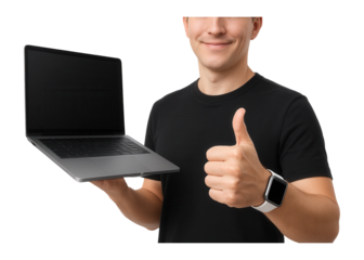 A person in a black shirt holding a laptop with a black screen in one hand and giving a thumbs up with the other, wearing a smartwatch on a white background.