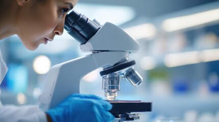 The scientist conducting research with a microscope in a modern laboratory setting.