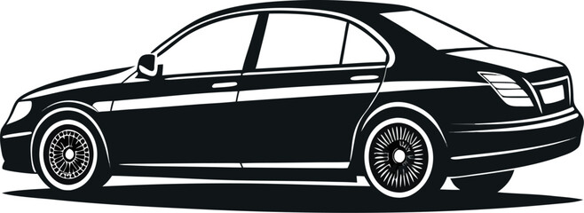 Luxury sedan vector silhouette with smooth curved roof and defined rear trunk, side view in bold black stroke.
