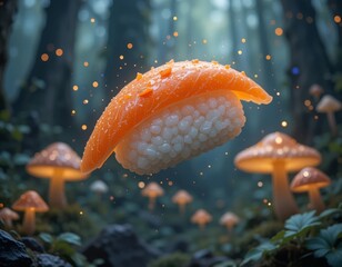 Magical salmon nigiri sushi floats in a mystical forest with glowing mushrooms.