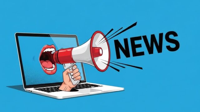Hand holding a megaphone with a mouth emerging from a laptop screen, announcing breaking news with sound waves