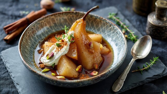 Spiced pear compote with whole poached pears in cinnamon syrup, served in decorative ceramic bowl with cream and crushed pistachios on dark slate surface