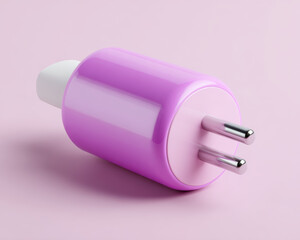 Vibrant electric plug with rounded prongs, designed in playful purple color, rests on soft pink background, evoking sense of modernity and fun