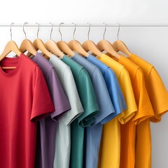 Fototapeta premium Colorful t shirts hanging on wooden hangers isolated on white background