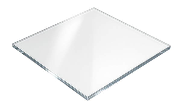 A clear, square glass pane viewed in perspective, showcasing its transparent and reflective qualities, suitable for themes of construction, material science, or architecture.