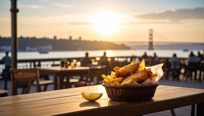 A close-up shot of a serving of fish and chips in a cardboard tray, placed on a wooden table at a beachside cafe. A glass of beer or cider and a dipping sauce are also on the table. The background sho