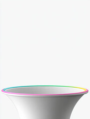 Modern abstract design featuring white megaphone shape with colorful rim accents, evoking creativity and innovation