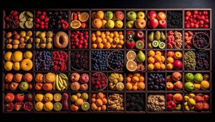 A visually striking overhead shot of a large, wooden grid display filled with a wide variety of fresh, colorful fruits and berries. Each square box contains a different type of produce, including appl