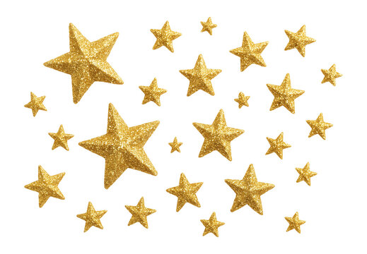 A collection of glittering gold stars of varying sizes arranged on a plain white background, ideal for festive, celebratory, or decorative themes.