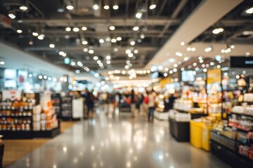 Blurred view of bustling shopping center interior