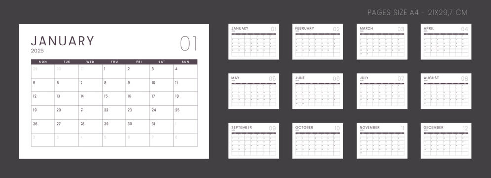 Set of 12 Pages Monthly Calendar Planner Templates on 2026 year. Vector mockup of a wall or desktop calendar organizer grid with the week starting on Monday ready print. Page for size A4 -21x29.7 cm