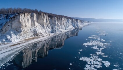 Snowy cliffs reflect on frozen lake