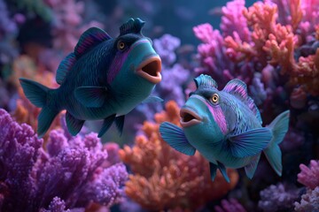 Obraz premium Colorful parrotfish navigating coral reef environment, swimming with wide open mouths amid vivid marine landscape