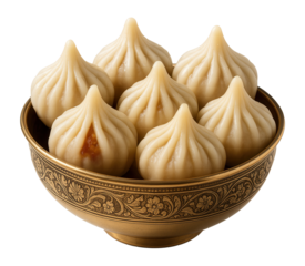 A golden decorative bowl filled with seven traditional steamed dumplings against a white background, emphasizing cultural cuisine and culinary presentation.