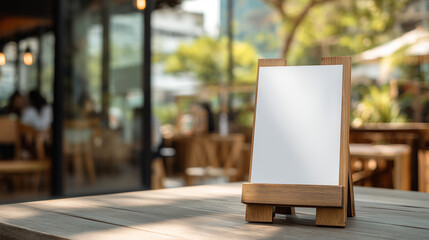 Wooden stand with blank white board placed on a table in a cozy outdoor café, ideal for menu display, advertisements, or presentations, emphasizing a relaxing and inviting atmosphere.