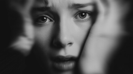Fototapeta premium Monochrome close-up of a person's face expressing intense fear with their hands at their face. High contrast lighting emphasizes the tension and conveys strong emotions of dread and concern.