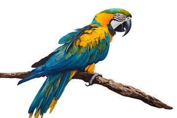 Fototapeta premium Vibrant blue and yellow macaw parrot perched on a branch isolated on transparent background