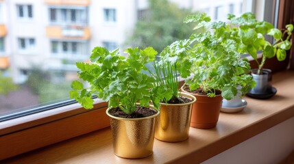 Fresh herbs in gold & brown pots on windowsill