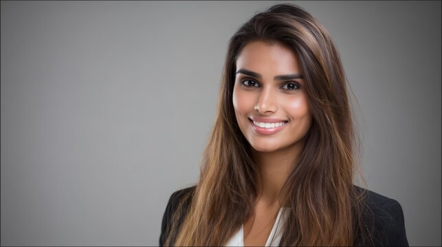 Smiling Middle Eastern businesswoman in modern attire, headshot against neutral backdrop with soft studio lighting and subtle rim light, f/2.8, professional portrait style