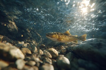 Fototapeta premium Brown trout gliding underwater, sunlight filtering through rocky river environment