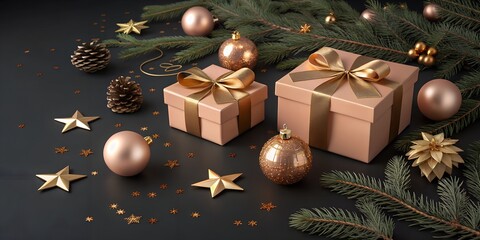 Two peach gift boxes with gold ribbon bows surrounded by pine branches ornaments and gold stars on a black background