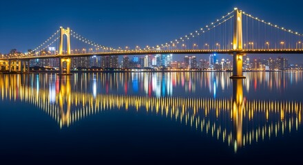 Fototapeta premium Illuminated suspension bridge over calm river reflecting city lights at night image Jpg clipping path, social media, Advertisement, HD photo, close up, high quality, web, banner, poster. 
