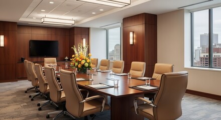 Fototapeta premium Executive conference room with wood table tan leather chairs and city skyline view boardroom meeting Jpg clipping path, social media, Advertisement, HD photo, close up, high quality, web, banner.