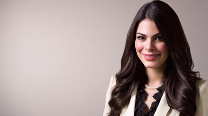 Fototapeta premium Smiling Middle Eastern businesswoman in modern professional attire, headshot with soft studio lighting and subtle rim light, neutral backdrop, high-end portrait photography