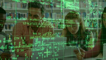 Camera panning revealing mentor guiding students in coding exercise with green code grid overlay - Powered by Adobe