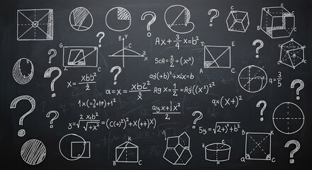 Chalkboard of Mathematical Enigmas: A chalkboard etched with intricate mathematical formulas, shapes, and symbols. Amidst the equations.