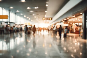 Blurry airport concourse, bustling with people