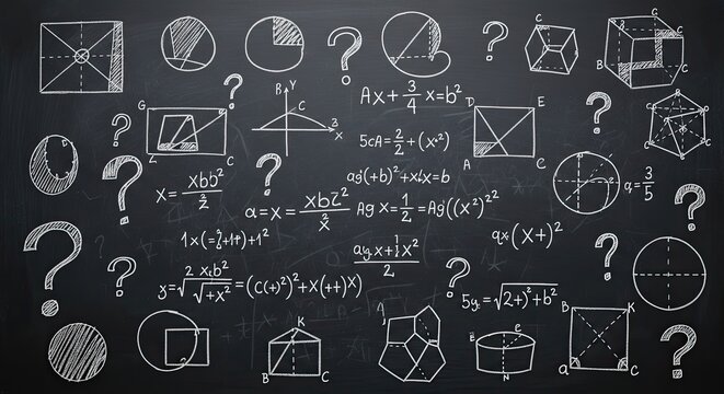 Chalkboard of Mathematical Enigmas: A chalkboard etched with intricate mathematical formulas, shapes, and symbols. Amidst the equations.