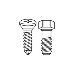 A black and white line drawing illustrating two types of fasteners, a countersunk screw and a hex head bolt.