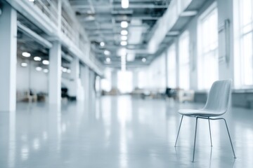 Empty light gray chair in a spacious, modern warehouse