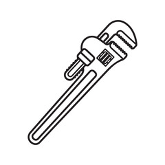 A black and white line art illustration of a classic pipe wrench, depicted with its adjustable jaw and handle.