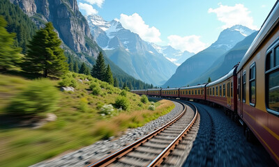 Fototapeta premium Scenic Train Journey Through Majestic Mountains