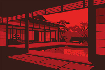 Serene Japanese garden with traditional architecture bathed in vibrant red sunset light