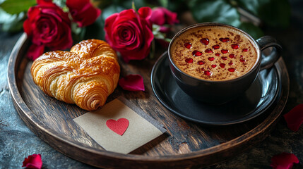 Flat lay breakfast tray with croissants and coffee surrounded by delicate pink roses on a rustic table
