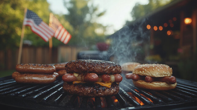 Grilled burgers and hotdogs on a barbecue with usa flags and backyard setting american summer outdoor cooking bbq