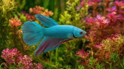 Vibrant blue fish, flowing fins, amidst colorful plants