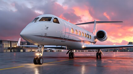 Luxury Private Jet Parked on Runway at Sunset with Dramatic Clouds and Reflections in Airport