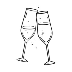 Two glasses of champagne or wine in doodle style. Alcohol and cocktail drink menu. Champagne glasses make cheers. Celebration, party, holiday symbol