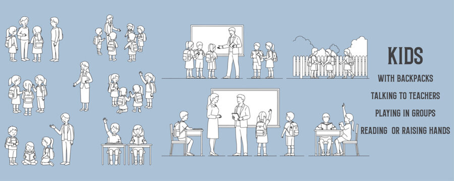 Architectural Drawings kids with backpacks, talking to teachers, playing in groups, reading, or raising hands vector illustration, side view, human person Minimal style hand drawn.
