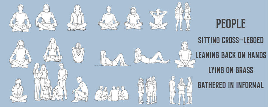 Architectural Drawings  people sitting cross-legged, leaning back on hands, lying on grass, or gathered in informal outdoor poses vector illustration, side view, human person Minimal style hand drawn.