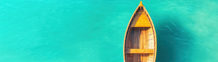 Obraz premium Wooden boat floating on clear turquoise water with sunlight reflecting, creating peaceful and calm atmosphere on sea
