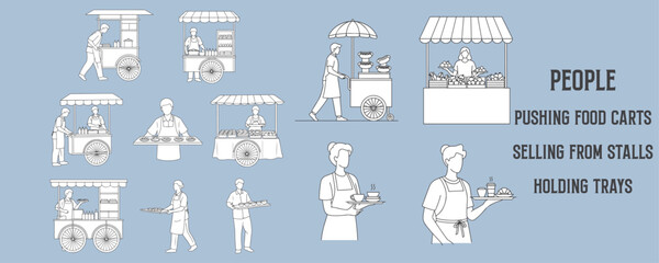 Architectural Drawings people pushing food carts, selling from stalls, or holding trays vector illustration, side view, human person Minimal style hand drawn.