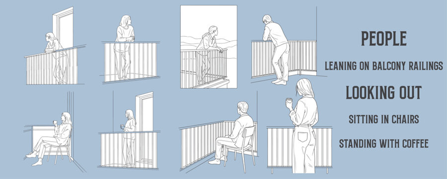 Architectural Drawings people leaning on balcony railings, looking out, sitting in chairs, or standing with coffee vector illustration, side view, human person Minimal style hand drawn.