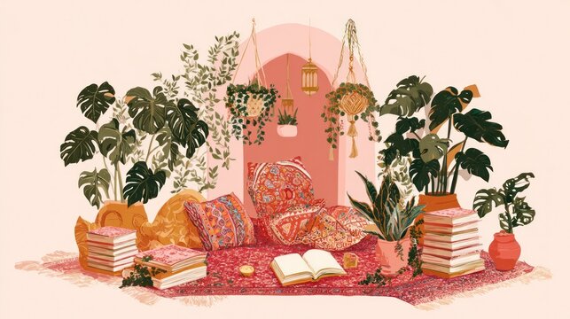 Cozy reading nook with plants