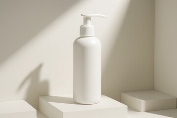 Plain white pump bottle on a minimalist display with natural light.